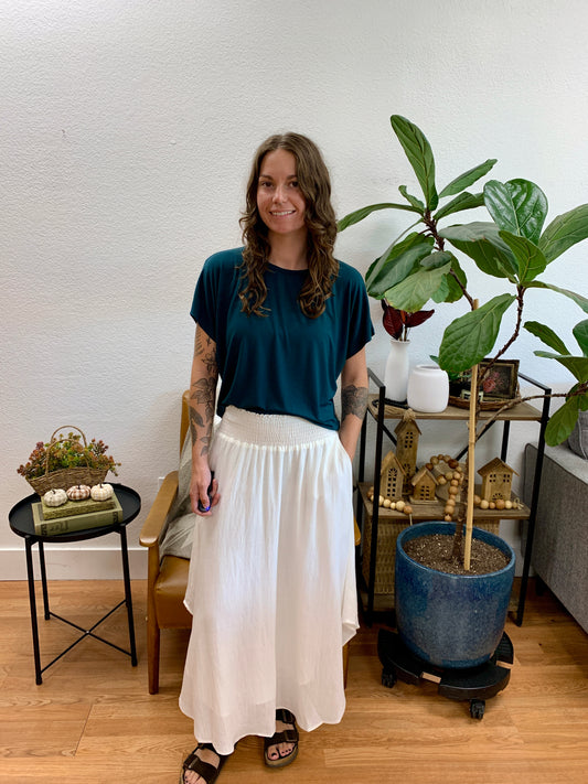 White Smocked Midi Skirt