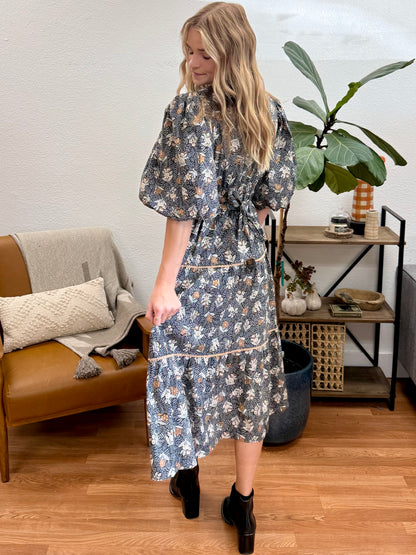 Black Floral Lace Trim Midi Dress