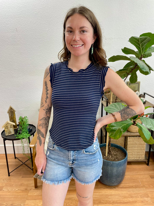 Navy Brushed Striped Ruffle Tank