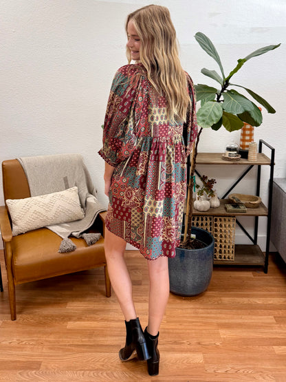 Burgundy Paisley Mini Dress