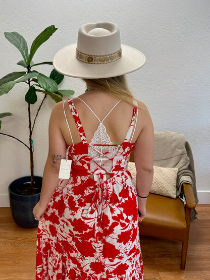 Red Floral Cami Midi Dress