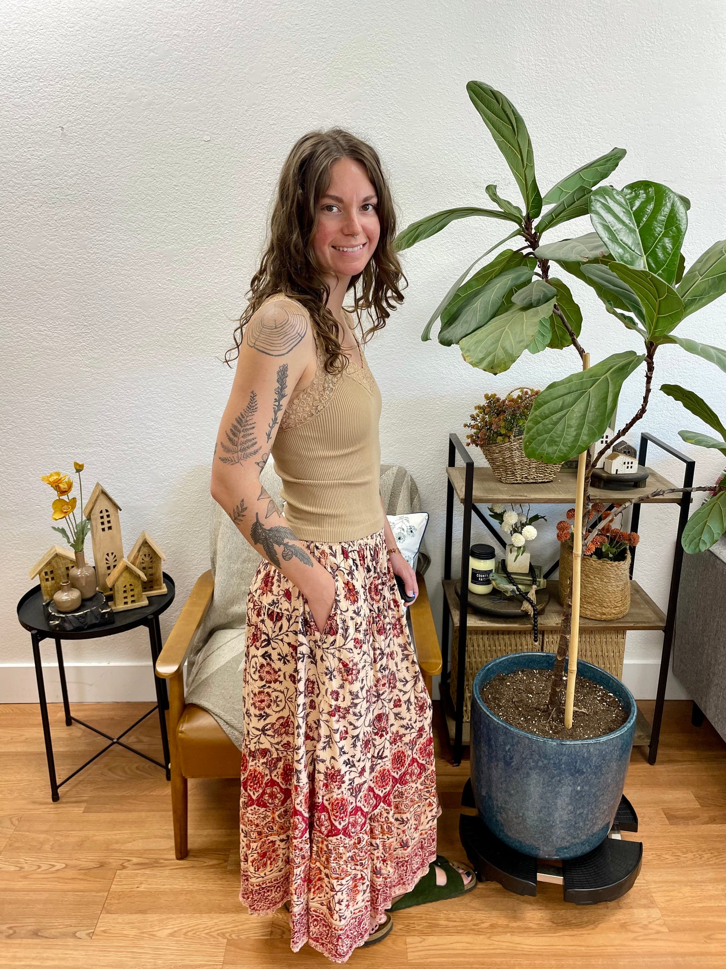 Rust Printed Midi Skirt