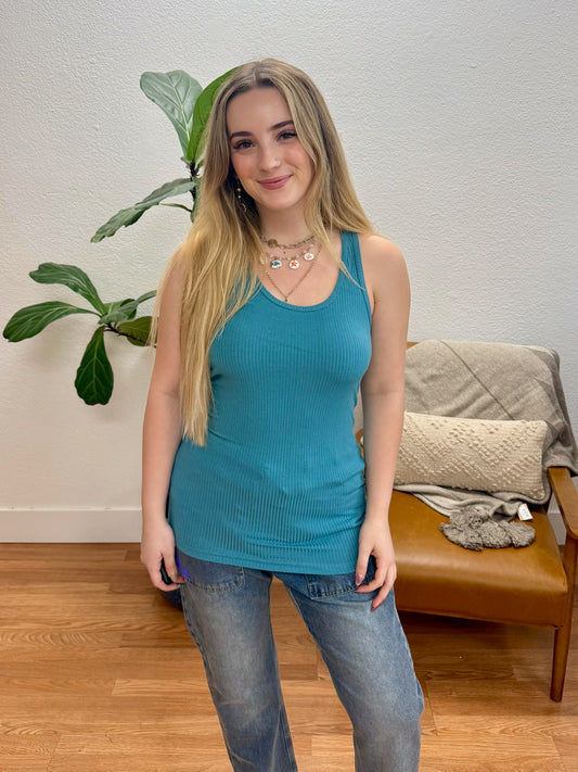 Dusty Teal Ribbed Racerback Tank