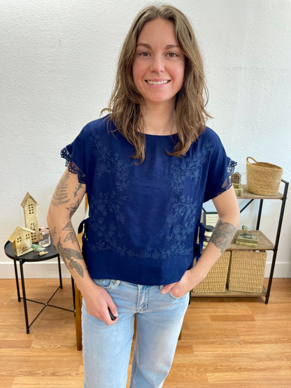 Navy Side Tie Lace Top - Terra Cottage