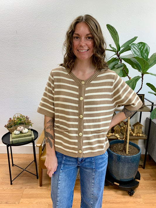 Taupe Button Down Knit Top