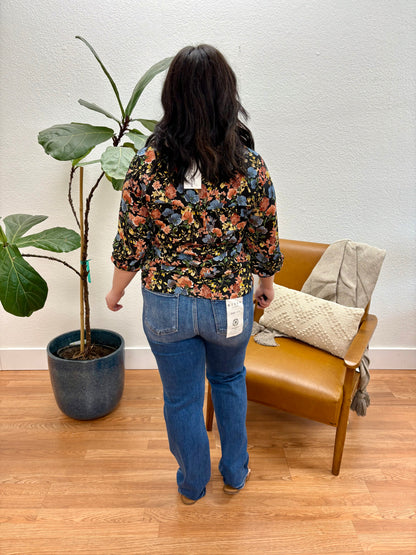 Black Floral 3/4 Sleeve Woven Blouse