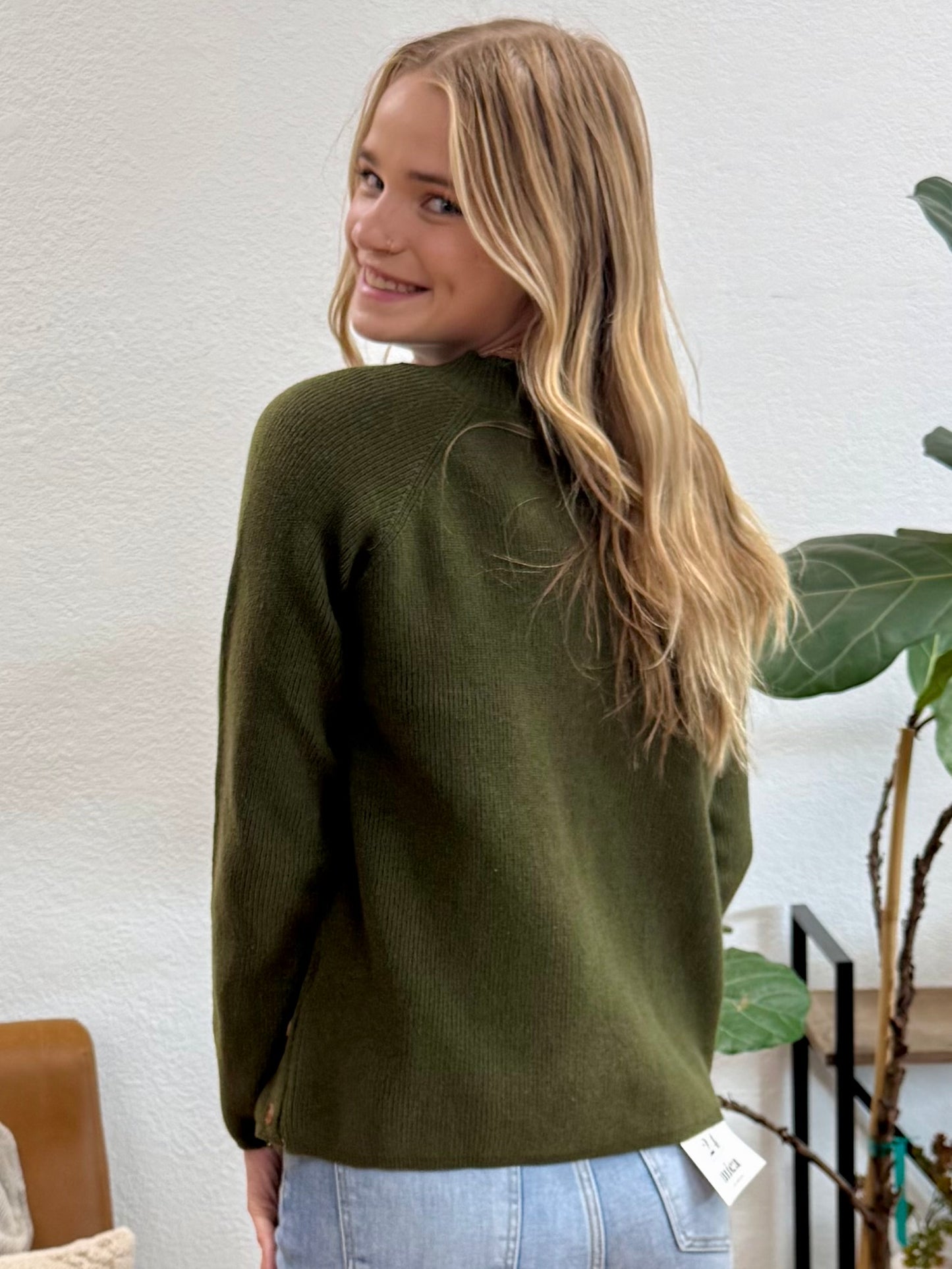 Olive V-Neck Side Button Sweater