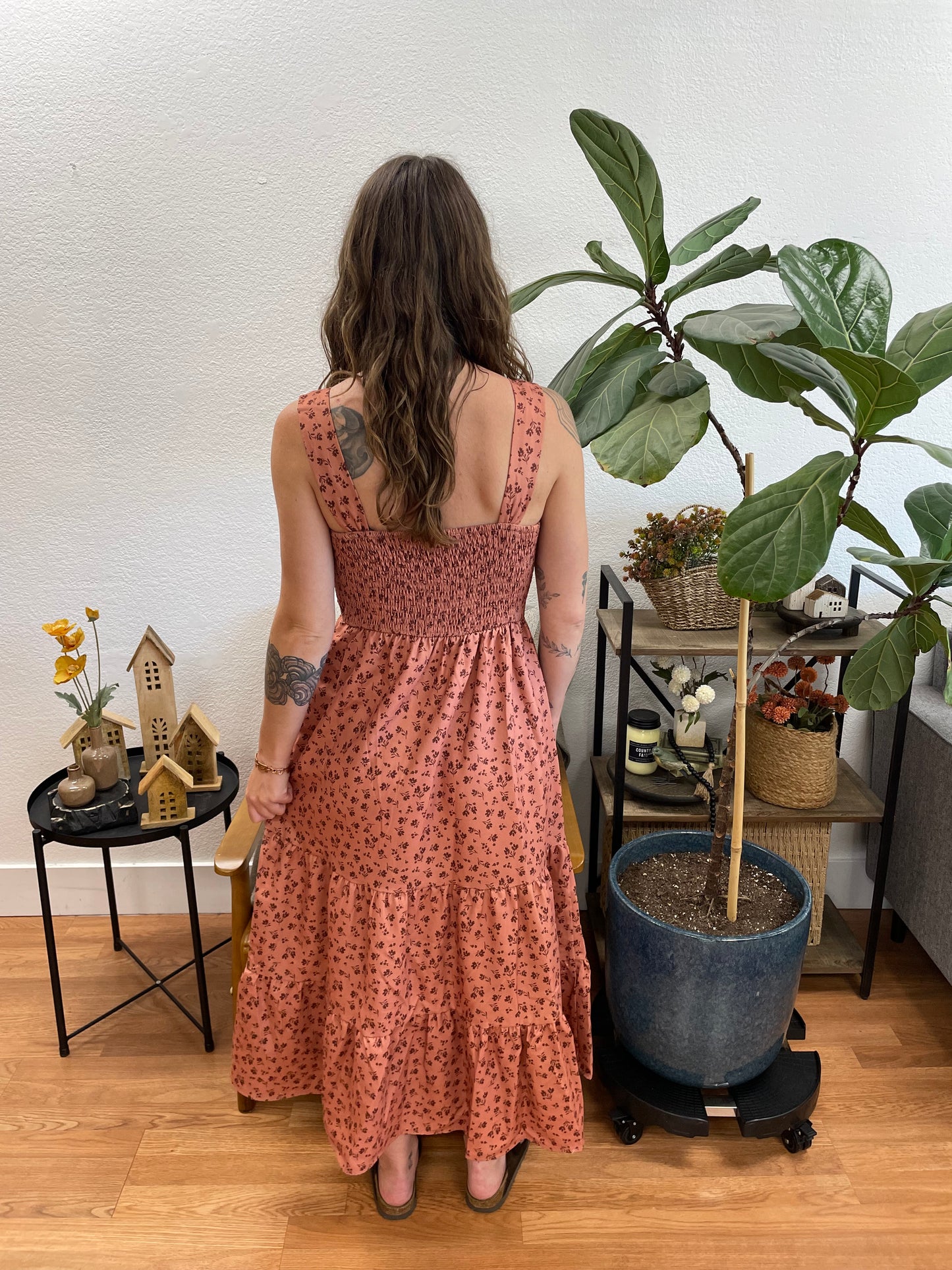 Mauve Tiered Smock Floral Maxi Dress