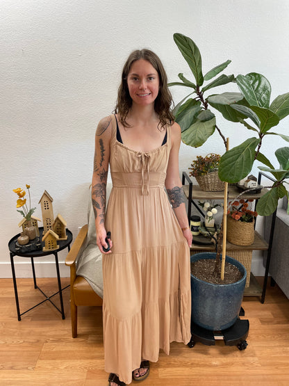 Taupe Tie Front Shirred Maxi Dress