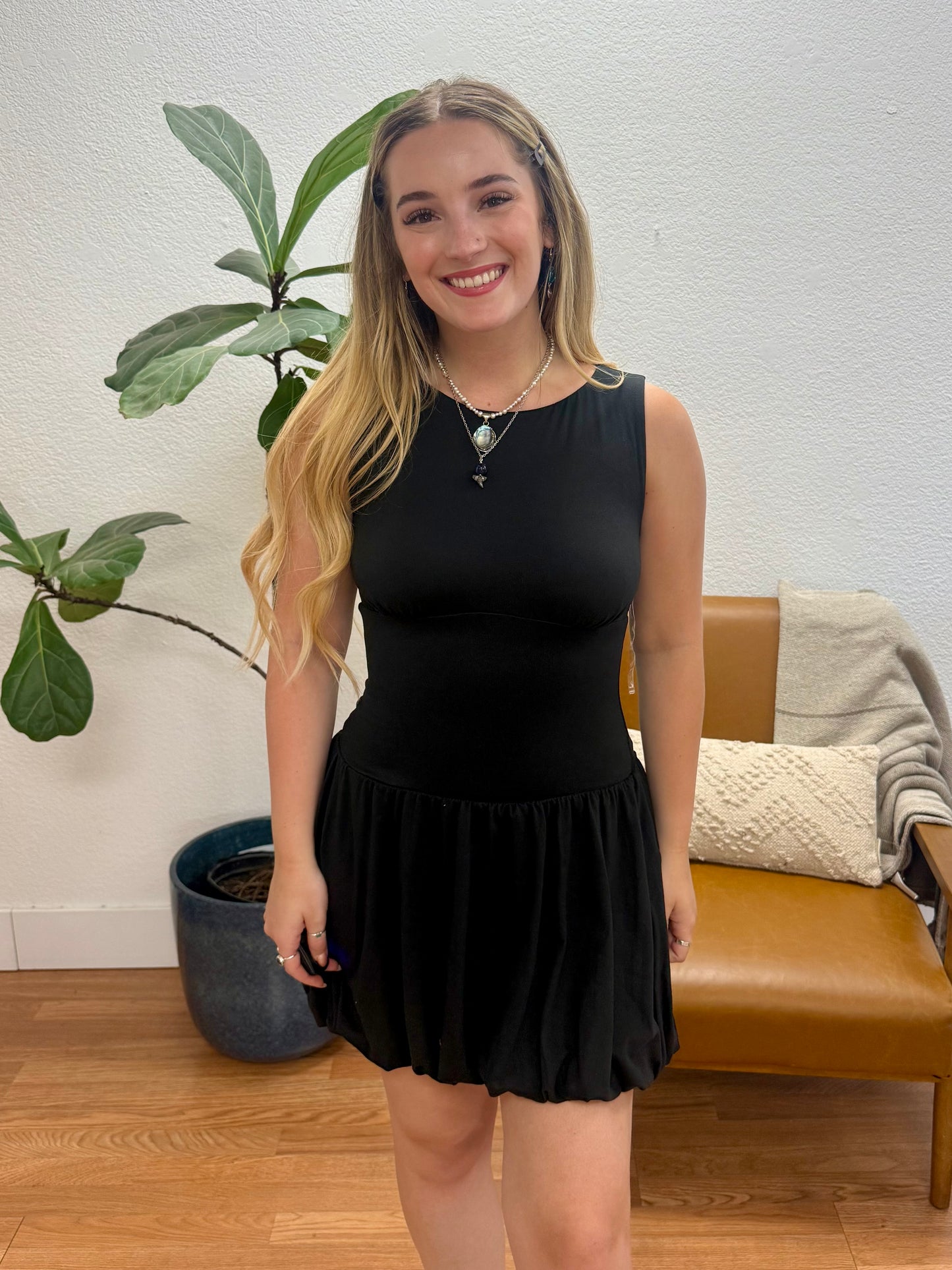 Black Double Layer Balloon Tank Mini Dress