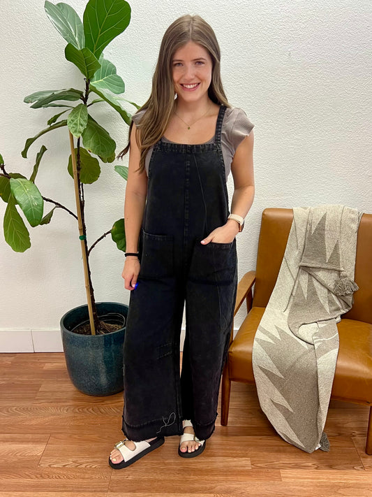 Black Washed Twill Overall Jumpsuit