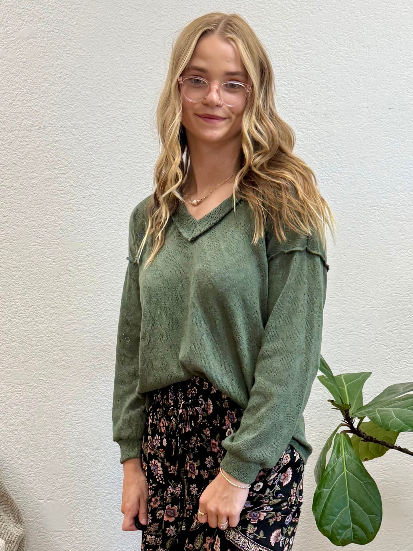 Olive Long Sleeve Solid Knit Top
