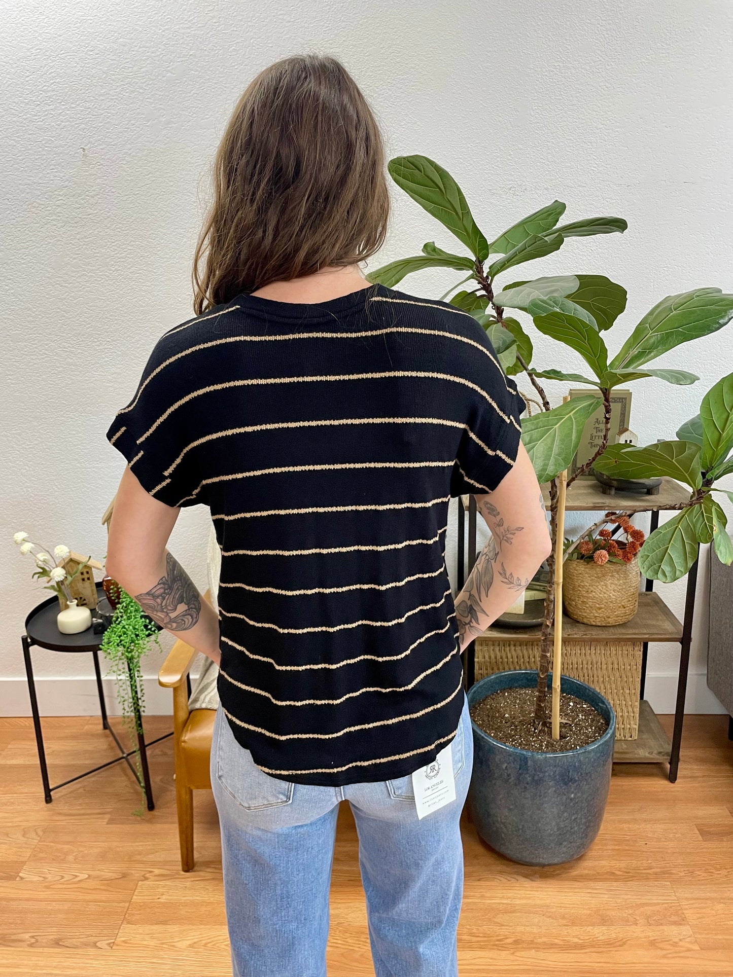 Black Striped V Neck Knit Tee