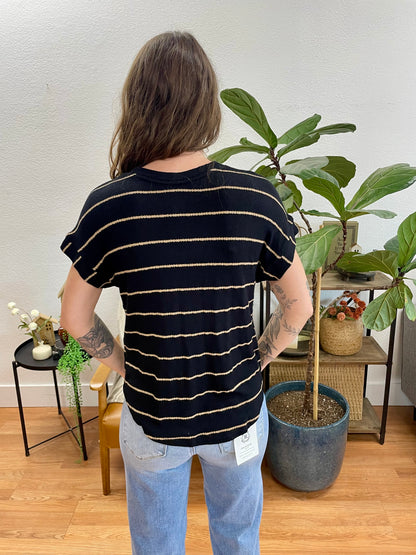 Black Striped V Neck Knit Tee