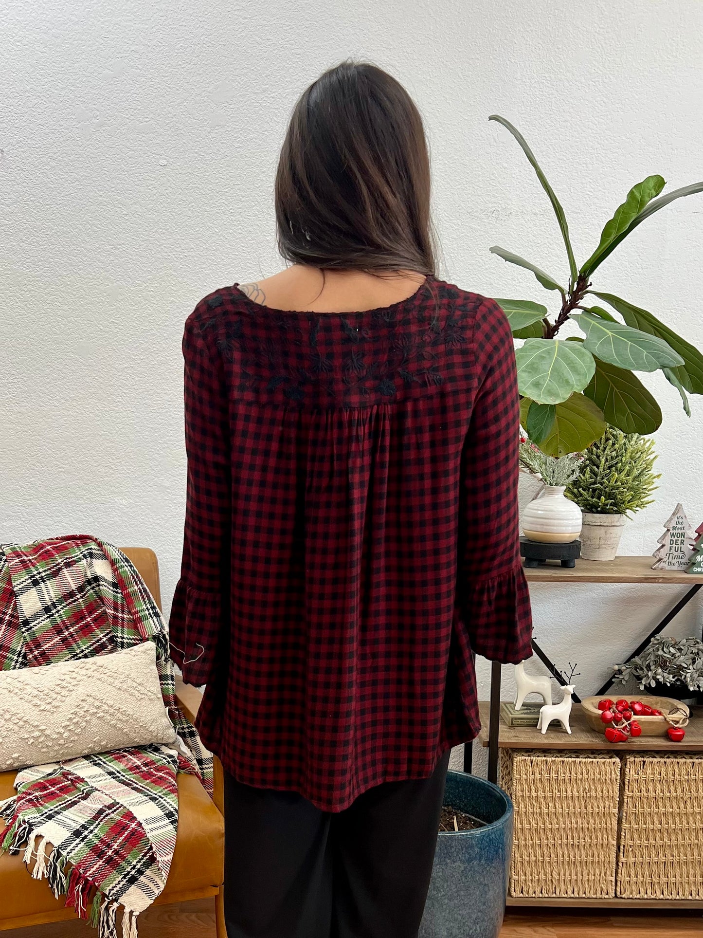 Burgundy Embroidered Gingham Blouse