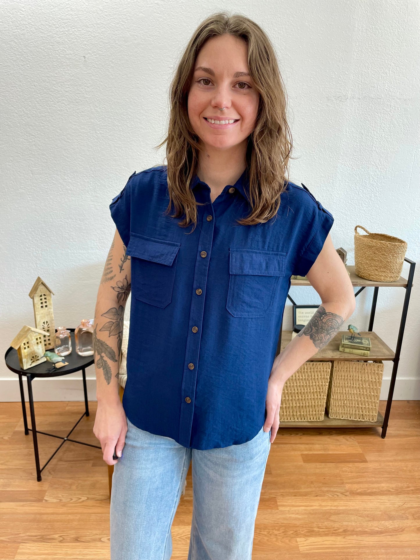 Navy Collared Tab Sleeve Top