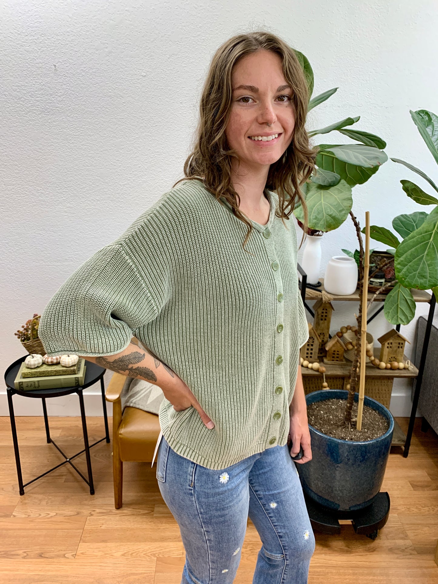 Olive Washed Ribbed Cardigan