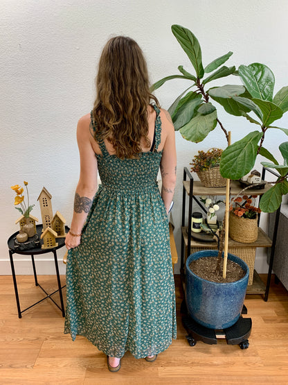 Green Floral Smocked Bodice Dress