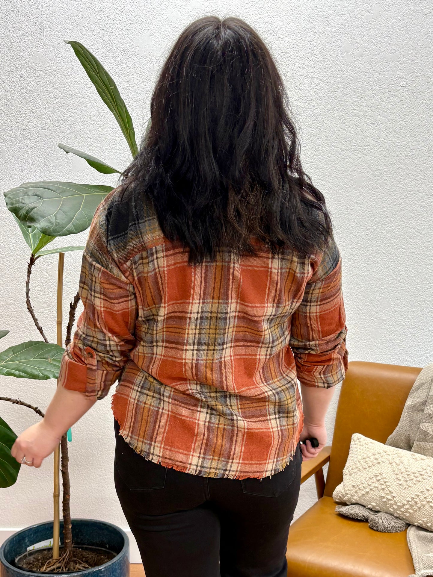 Pumpkin/Black Color Block Frayed Top