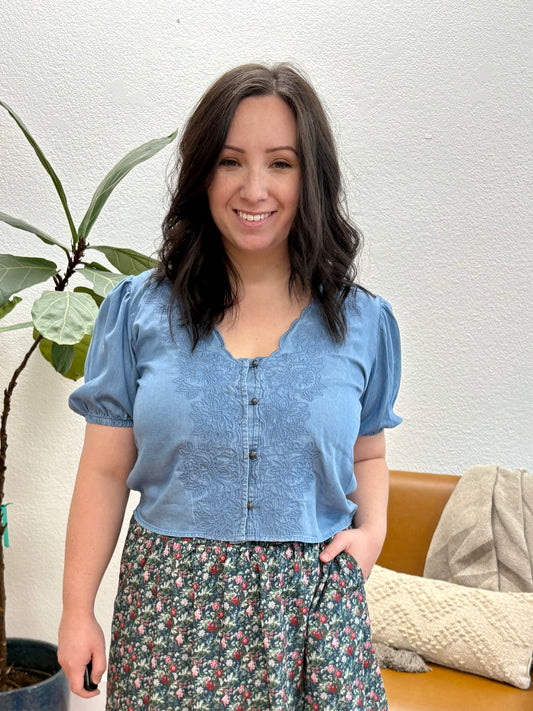 Chambray Scallop Embroidered Button Down Top