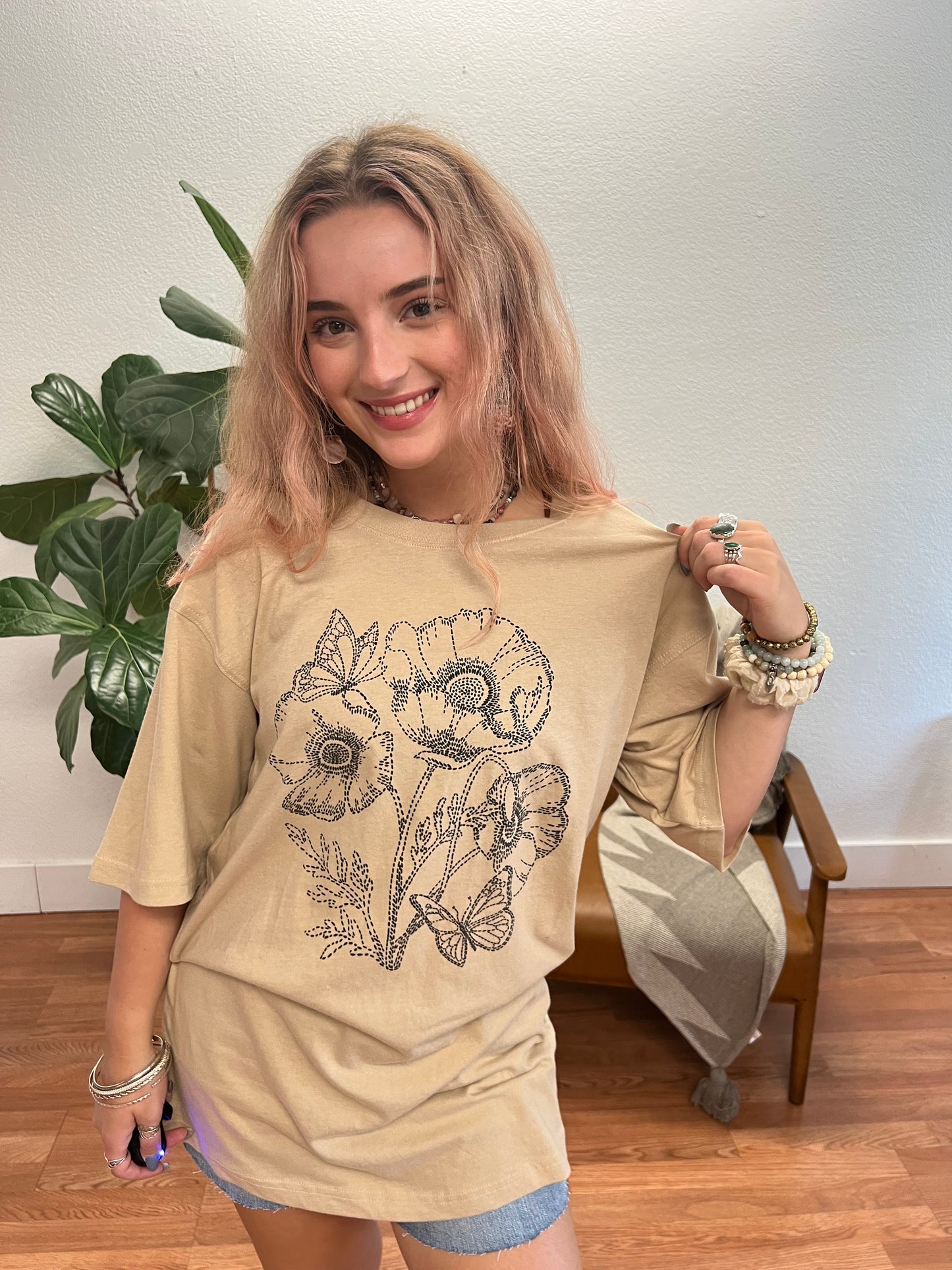 Tan Flower Faux Embroidery Graphic Tee