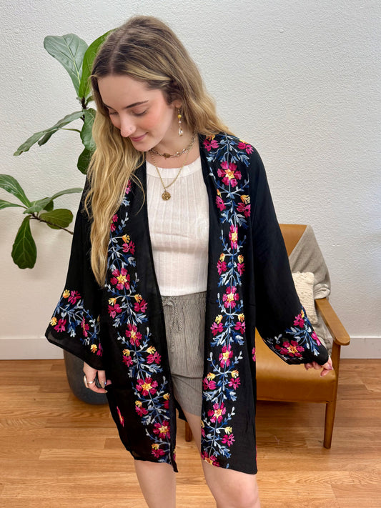 Anemone Floral Embroidered Kimono