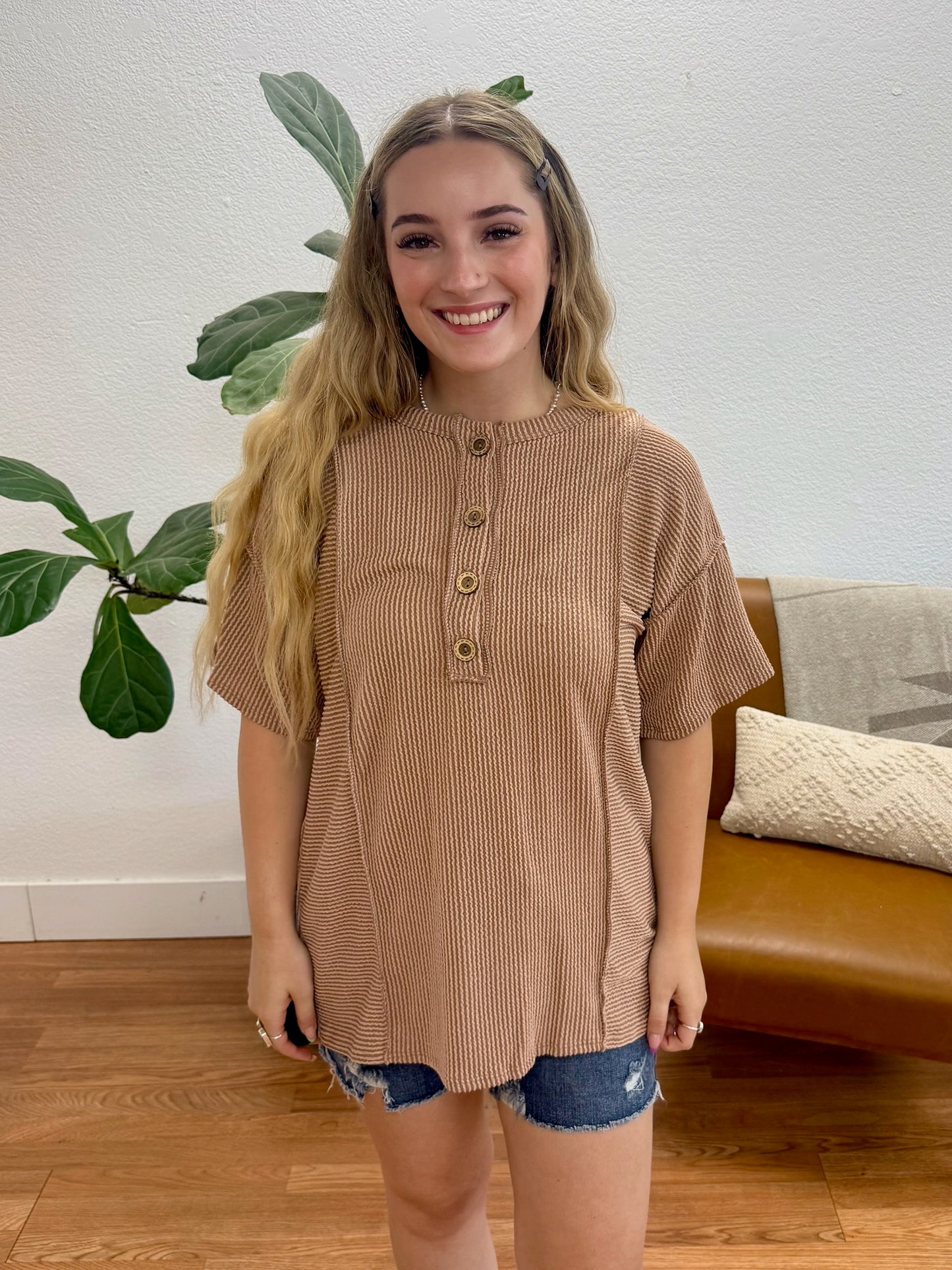Latte Urban Ribbed Button Top