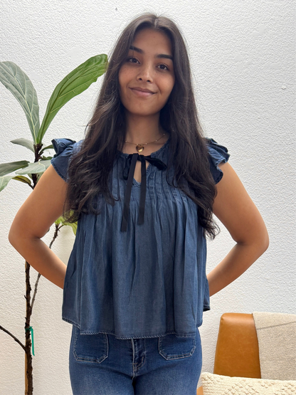 Chambray Pleated Top
