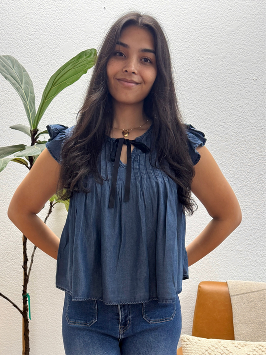 Chambray Pleated Top