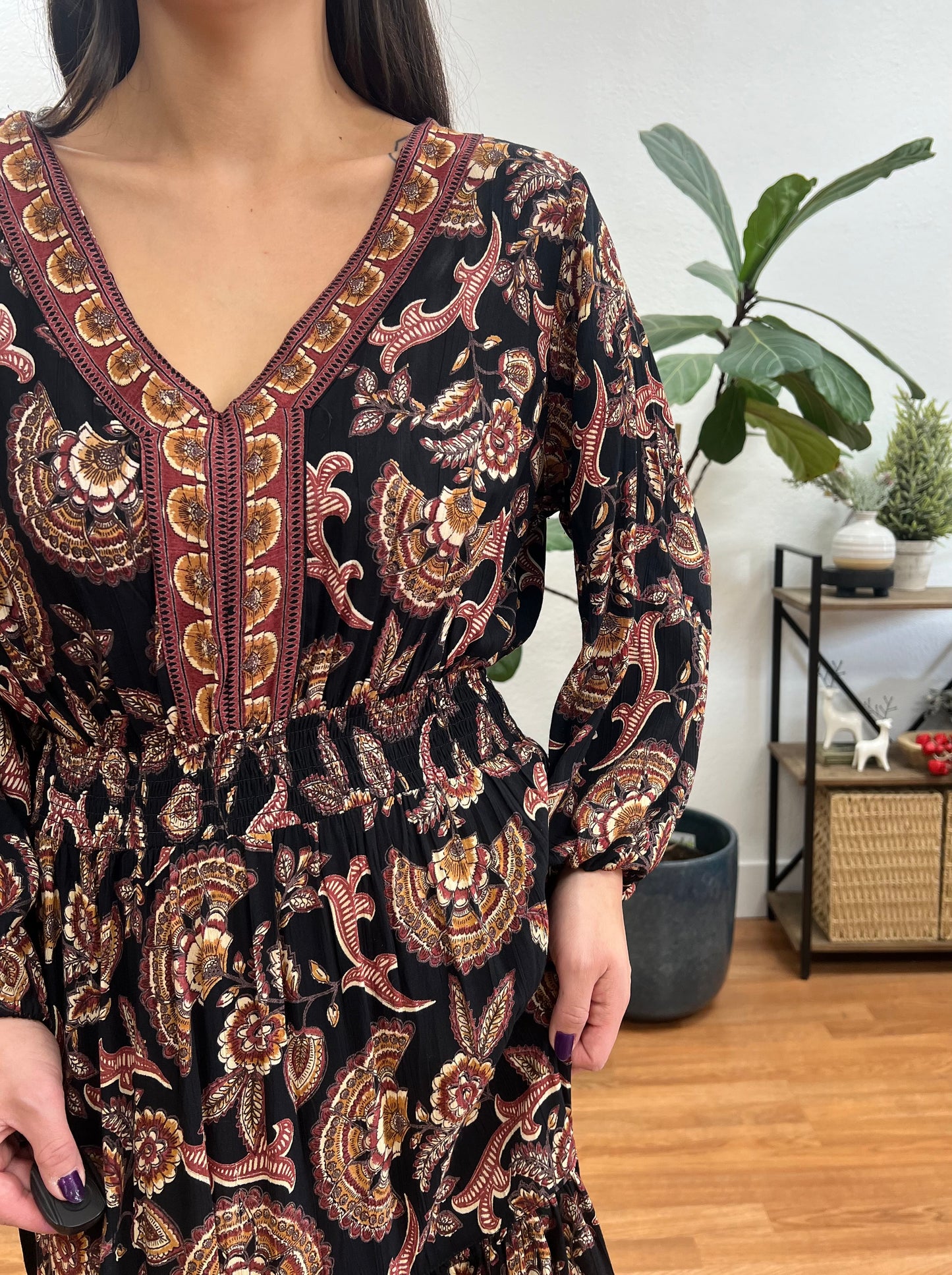 Black Print V-Neck Maxi Dress