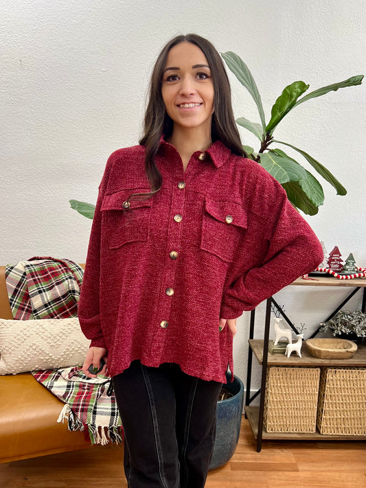 Burgundy Textured Button Front Jacket