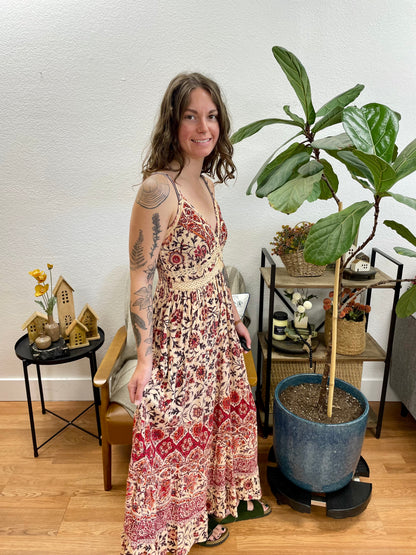 Rust Printed Lace Trim Maxi Dress