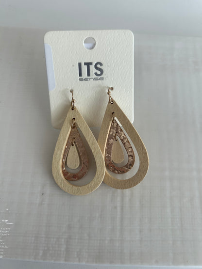 Layered Wood & Metallic Tear Drop Earrings