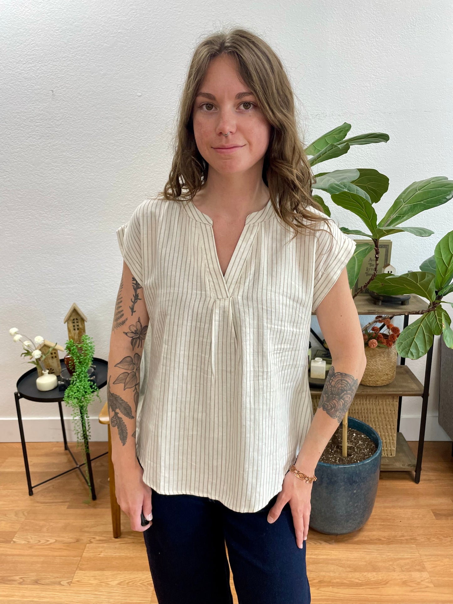Brown Split Neck Stripe Blouse