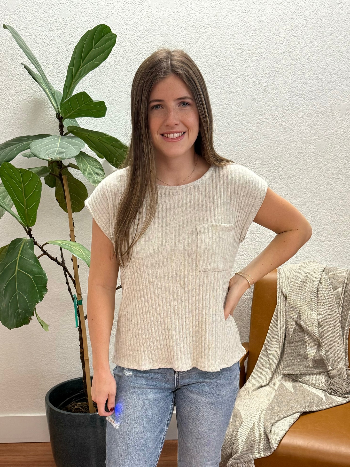 Heather Grey Ribbed Pocket Top