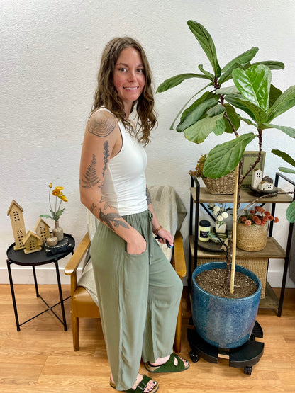 Olive Solid Barrel Pants