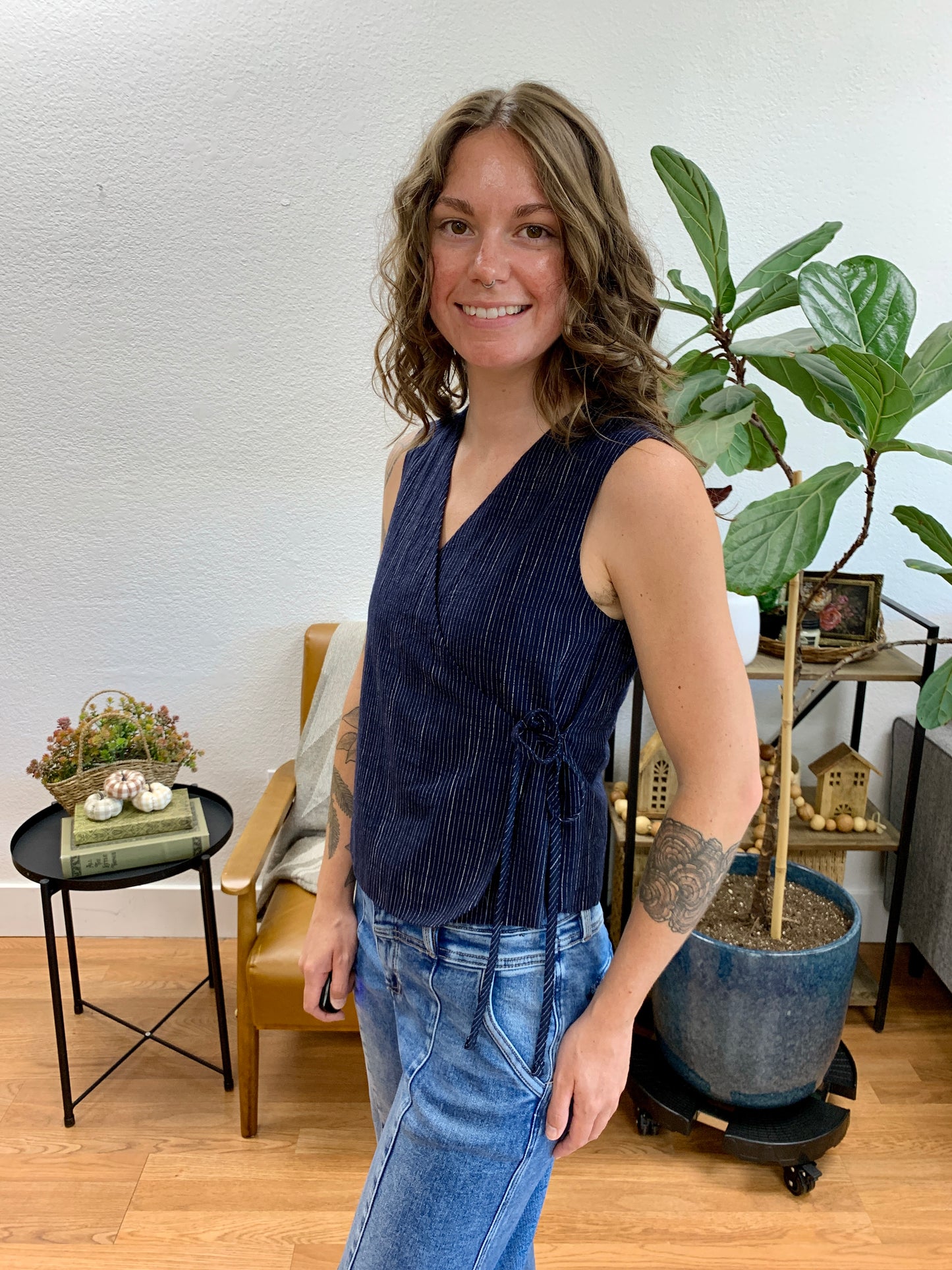 Navy Sleeveless Surplice Stripe Gauze Top