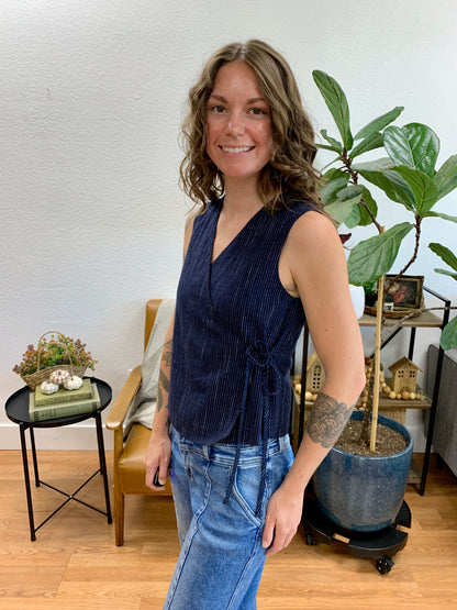 Navy Sleeveless Surplice Stripe Gauze Top