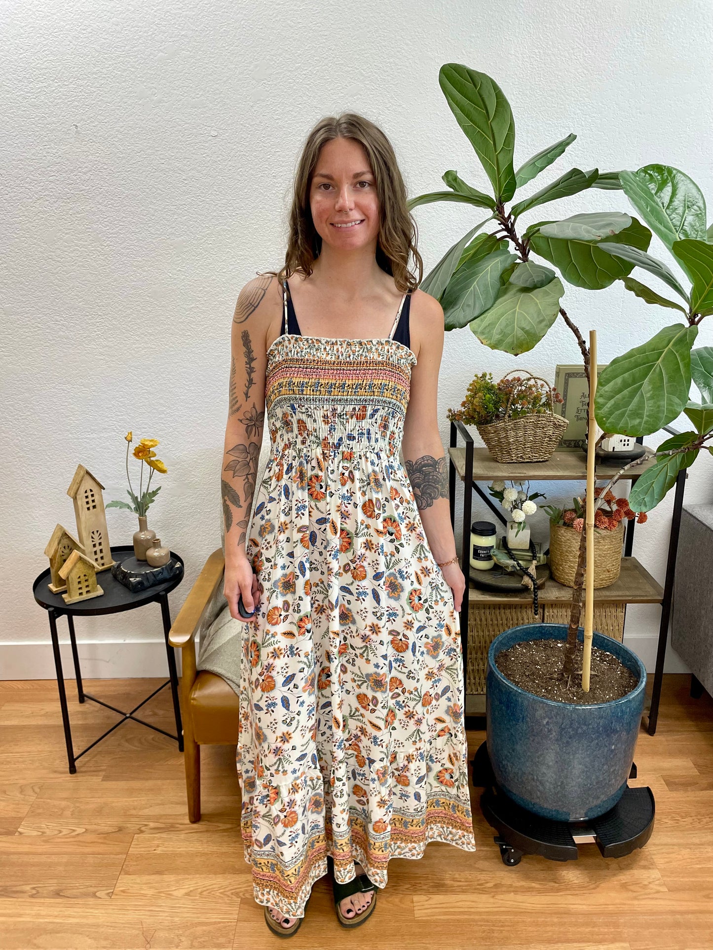 Ivory Floral Smocked Dress