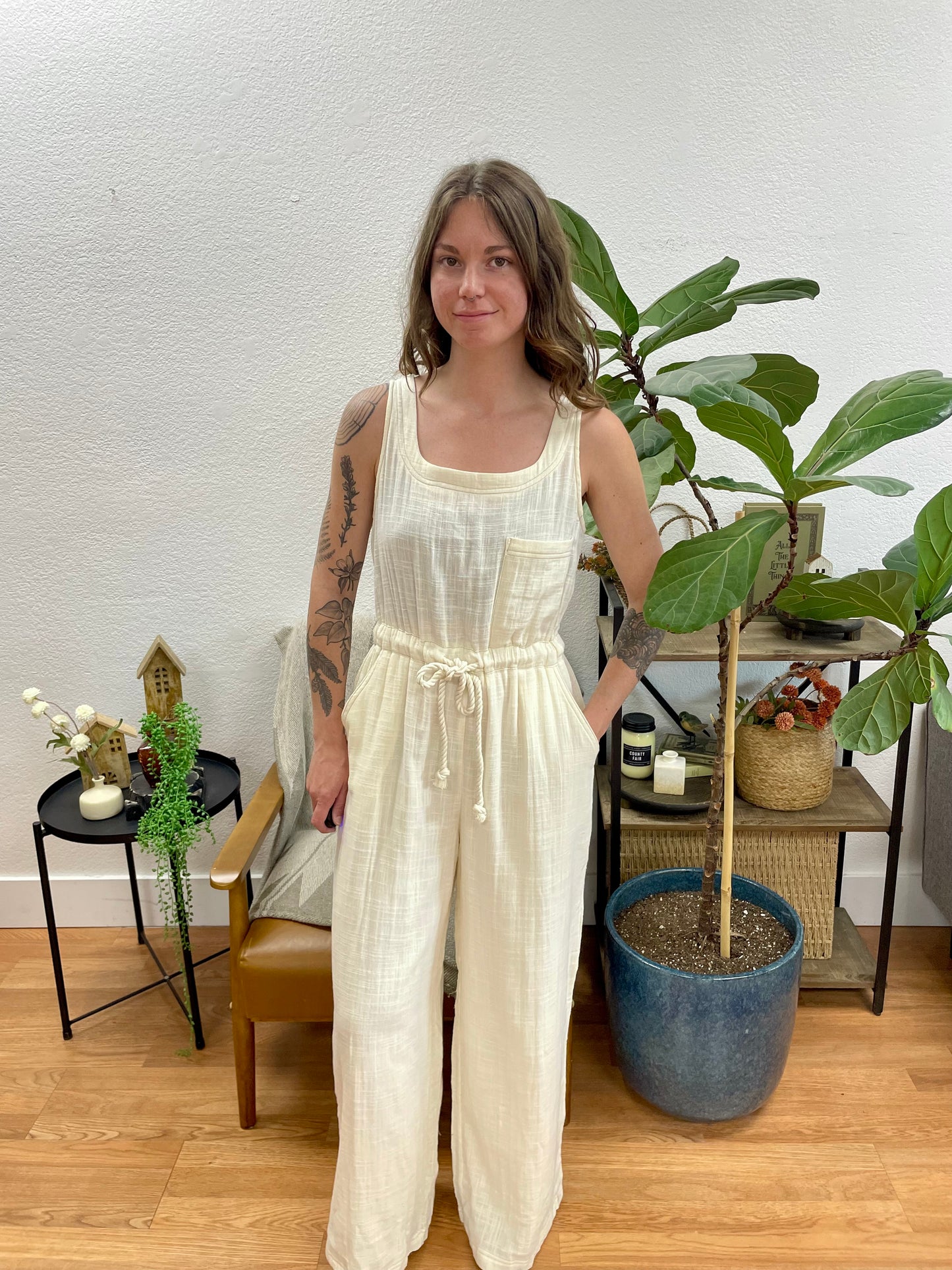 Cream Square Neck Jumpsuit