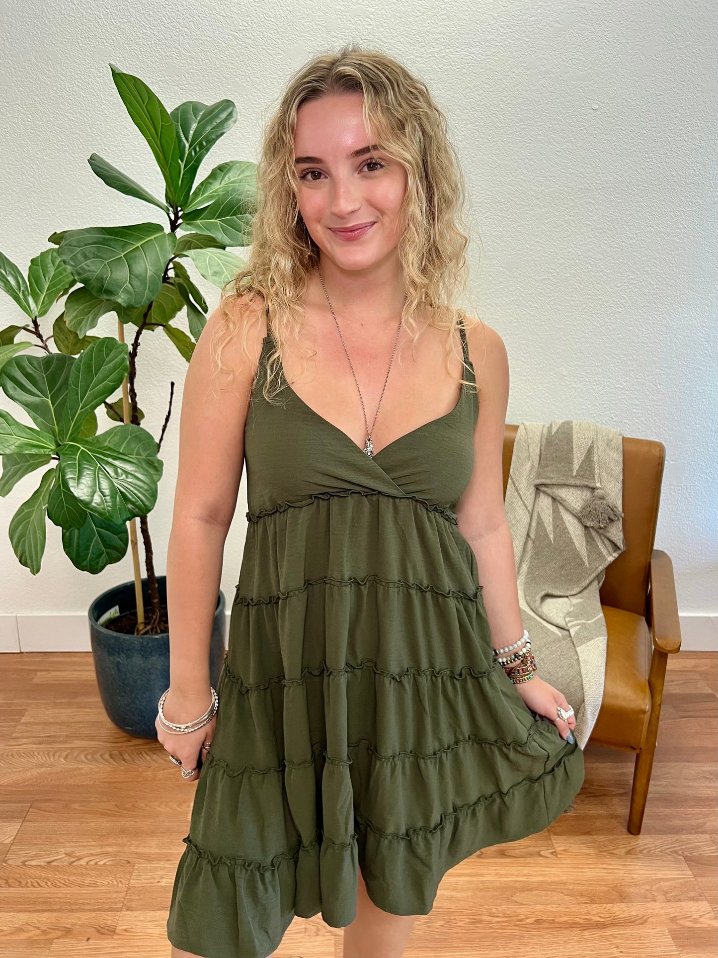 Olive Tiered Babydoll Flowy Mini Dress