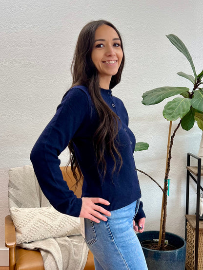 Navy Round Neck Button Down Cardigan