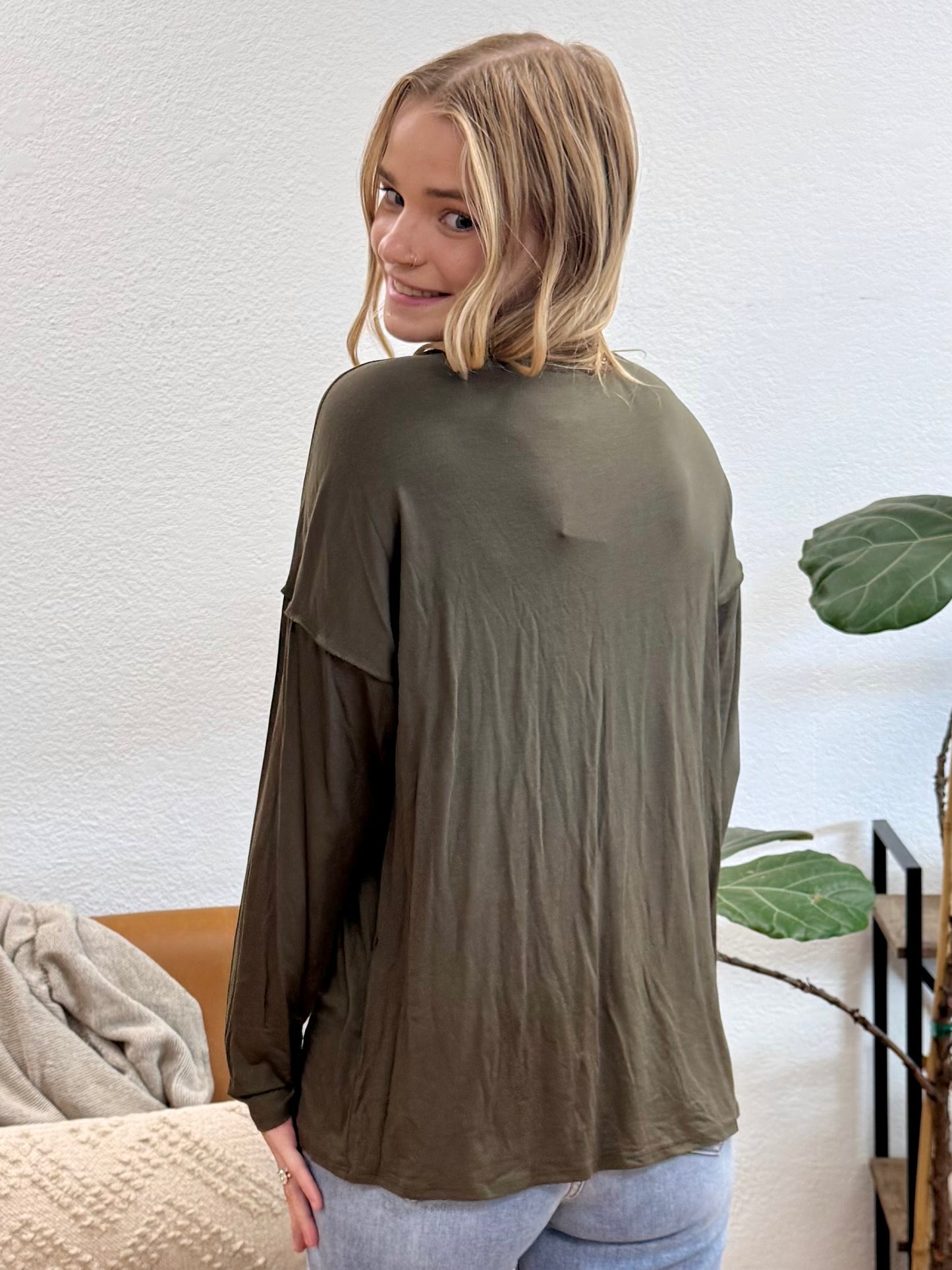Olive Front Seam Cozy V Neck Tee