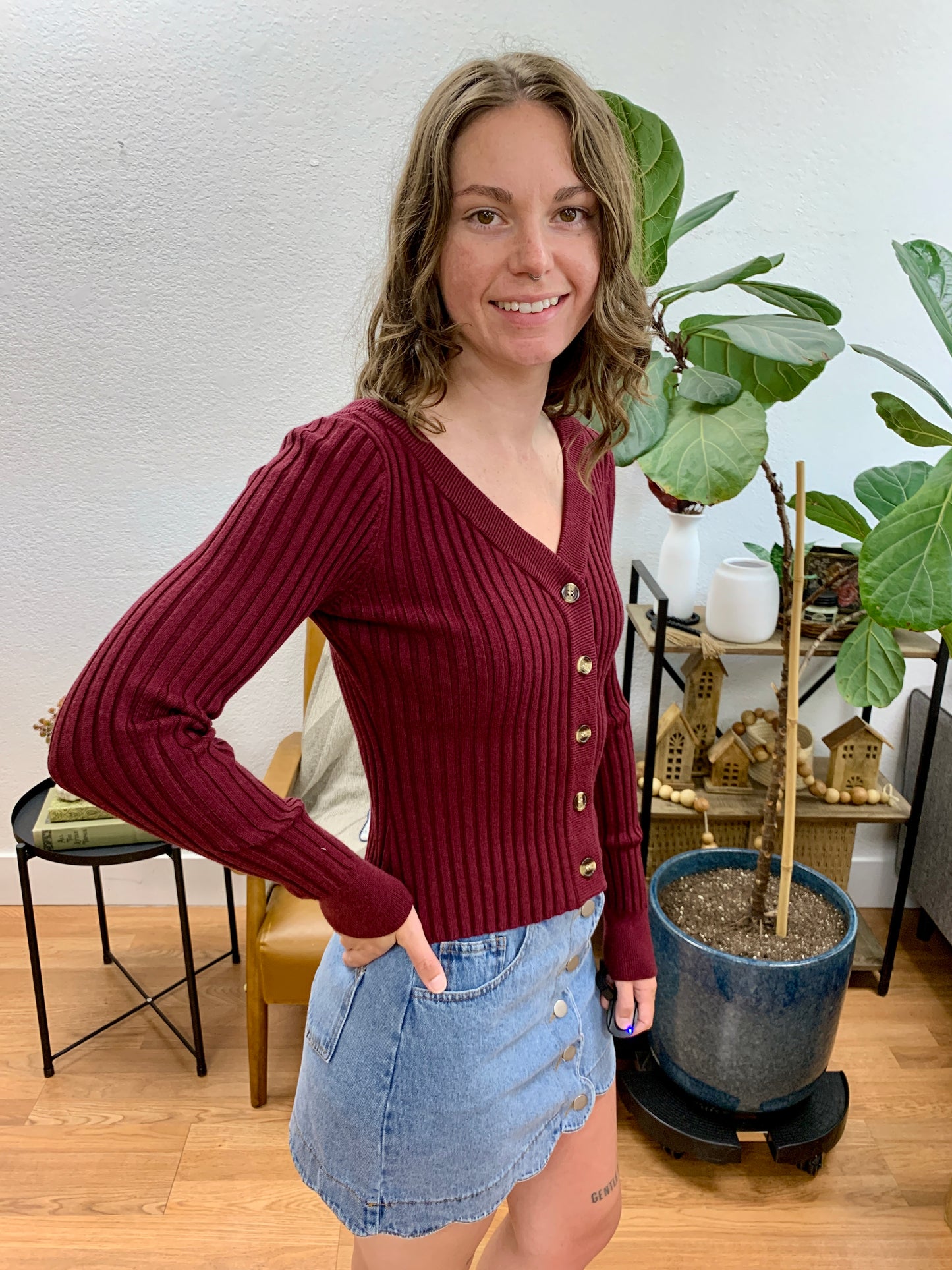 Wine Button Front Cardigan