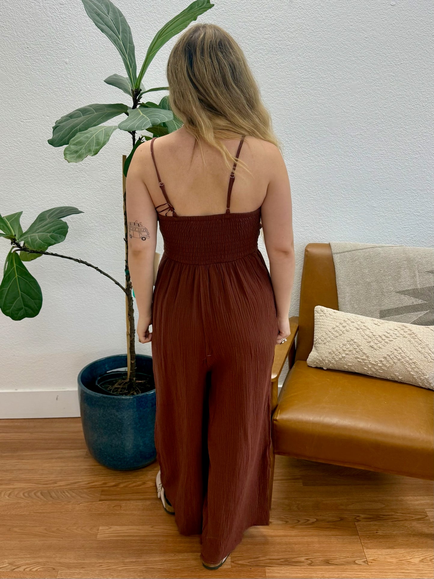 Brown Cotton Smocked Jumpsuit