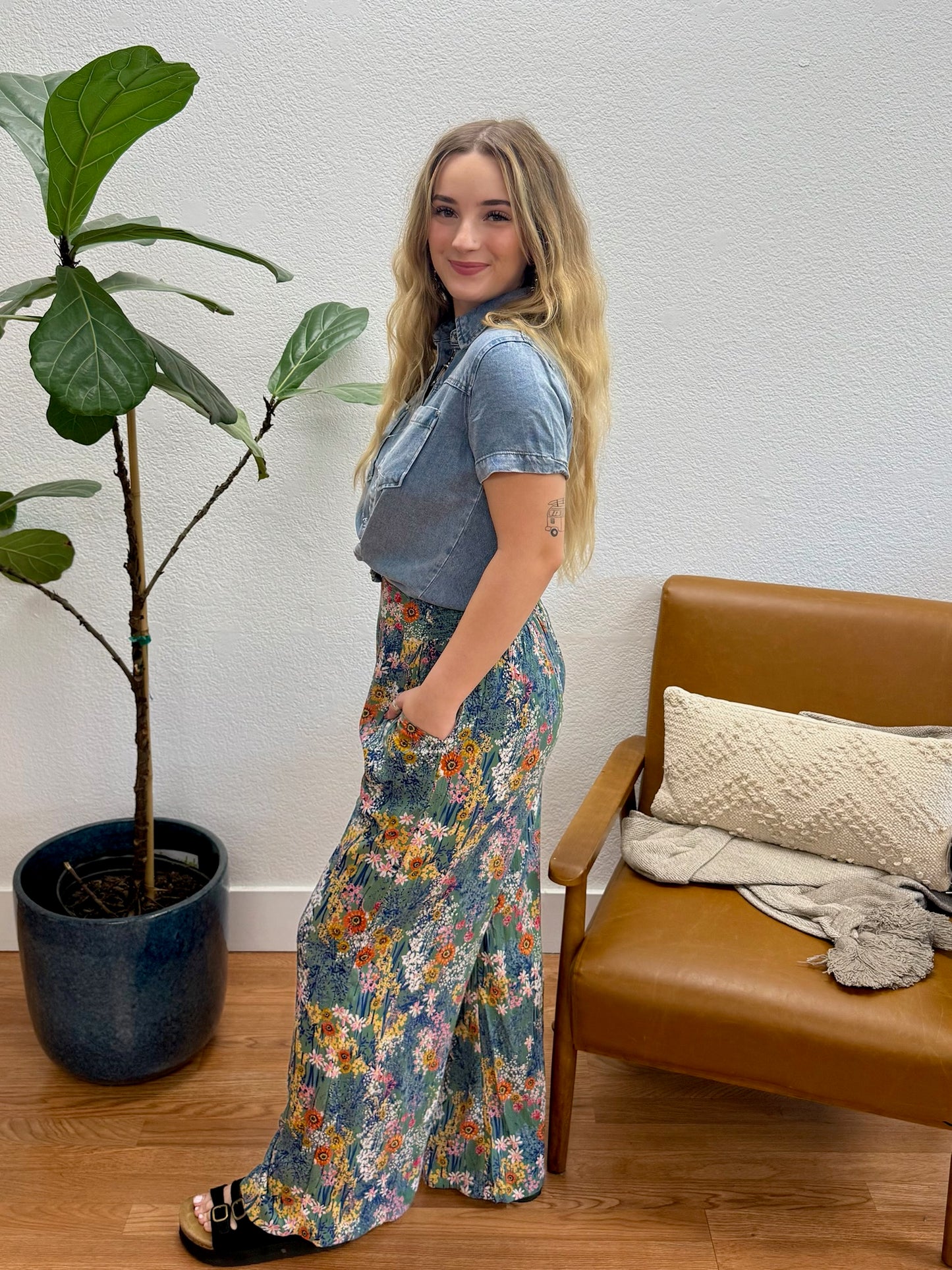 Green Print Wide Leg Pants