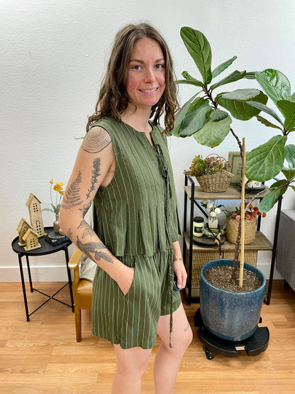 Olive Linen Striped Sleeveless Top