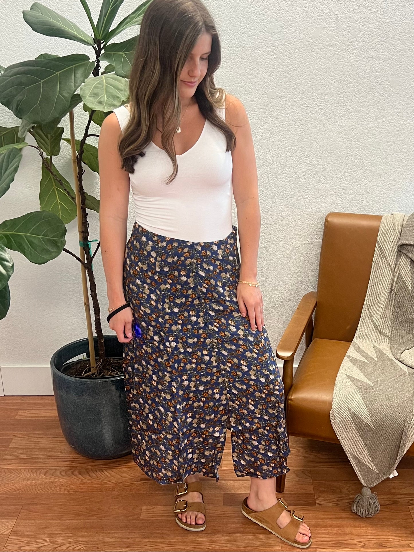 Navy Matte Satin Floral Midi Skirt