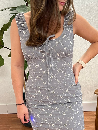 Grey Floral Embroidered Mini Dress