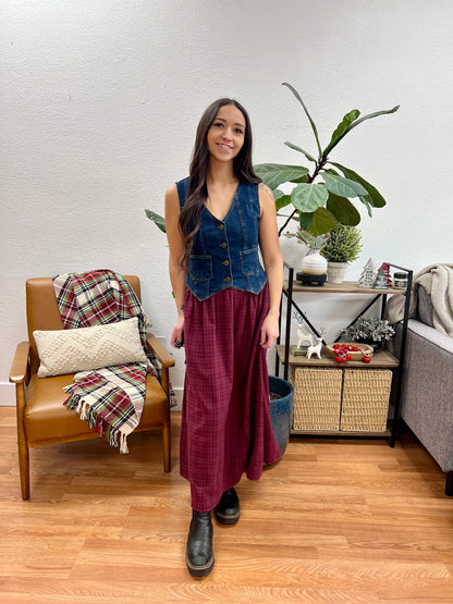 Red Plaid Pocket Midi Skirt